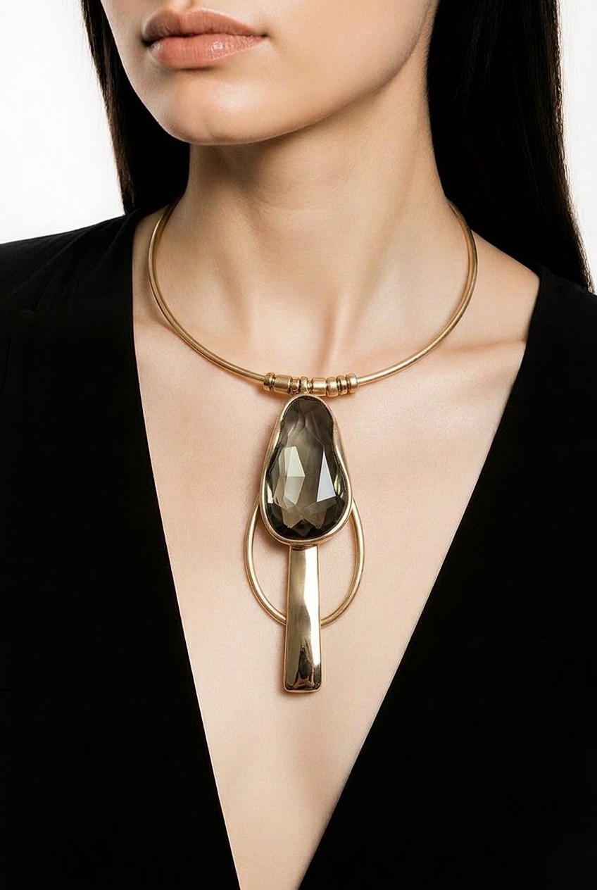 Elo Soho gold plated collar Necklace smoky gray crystal statement pendant