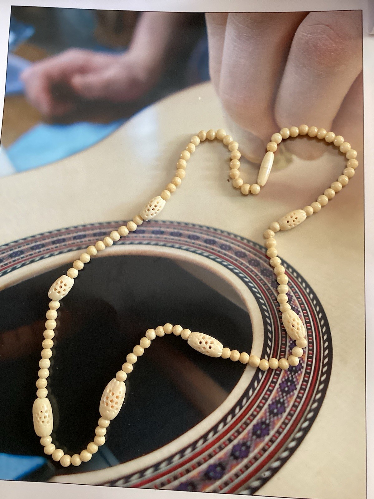 24” Carved Bovine Bone Necklace w/Threaded Clasp Cream