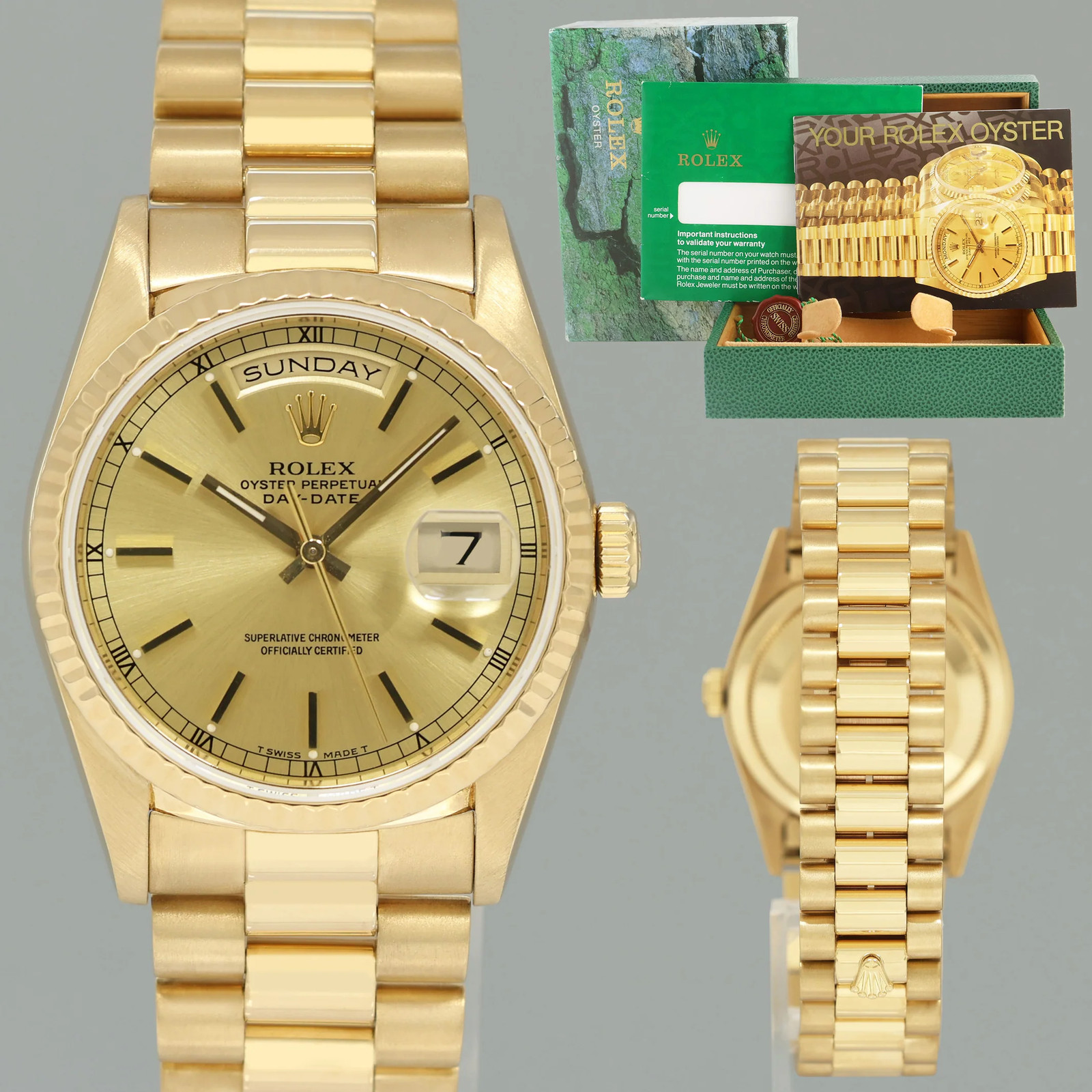 MINT 1994 Rolex 18238 President Day Date Champagne Double QS Yellow Gold Watch