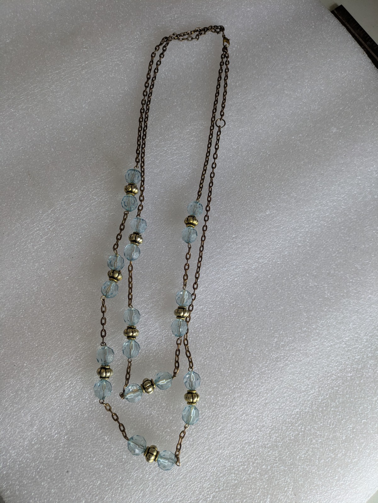 Vintage 2 Strand Necklace with Light Blue Beads And Gold Colored Beads.