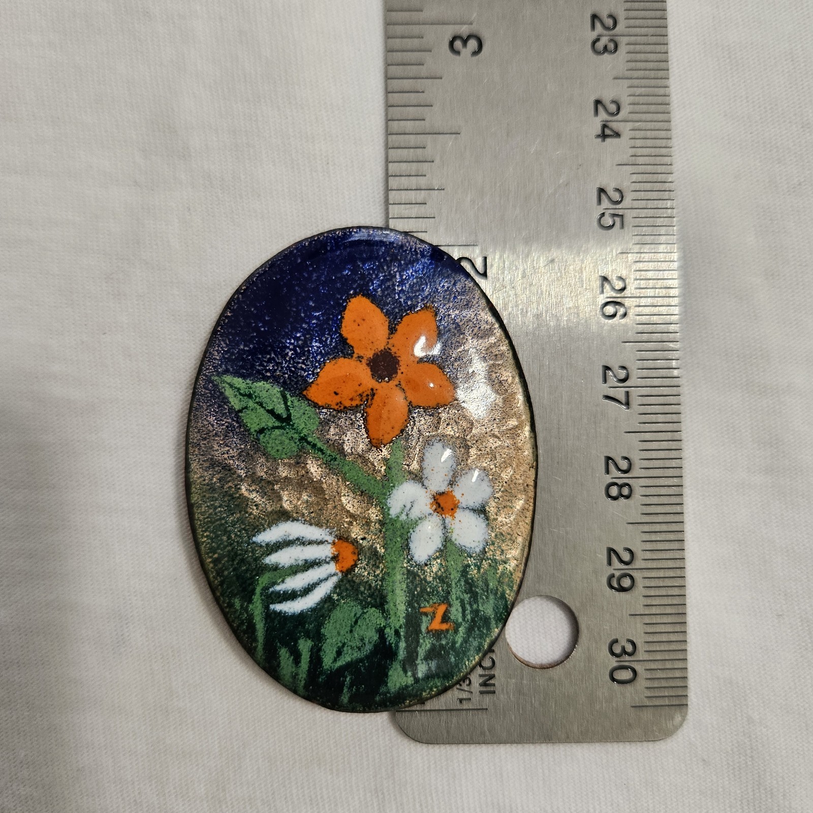Oval Handmade Hammered Copper Enameled White Orange Floral Brooch 2 X 1.5 inches