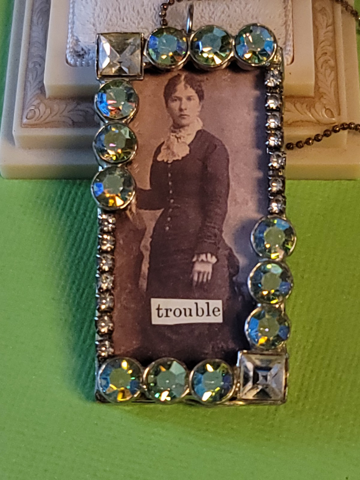 Artisan Victorian Lady Rhinestone Picture TROUBLE Necklace Pendant