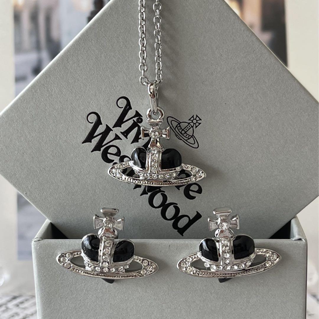 Vivienne Diamante Heart Silver Black Necklace Earrings Set IN BOX [0159