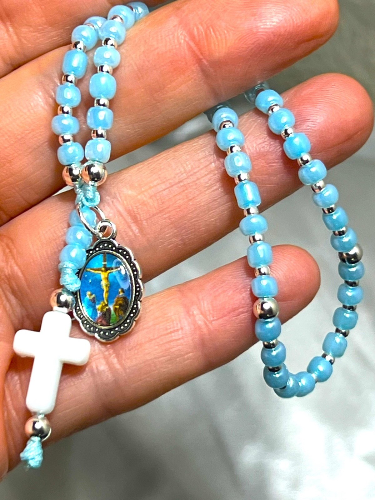 Teen Pocket Rosary – Light Blue 5 Decade Catholic Rosary Beads