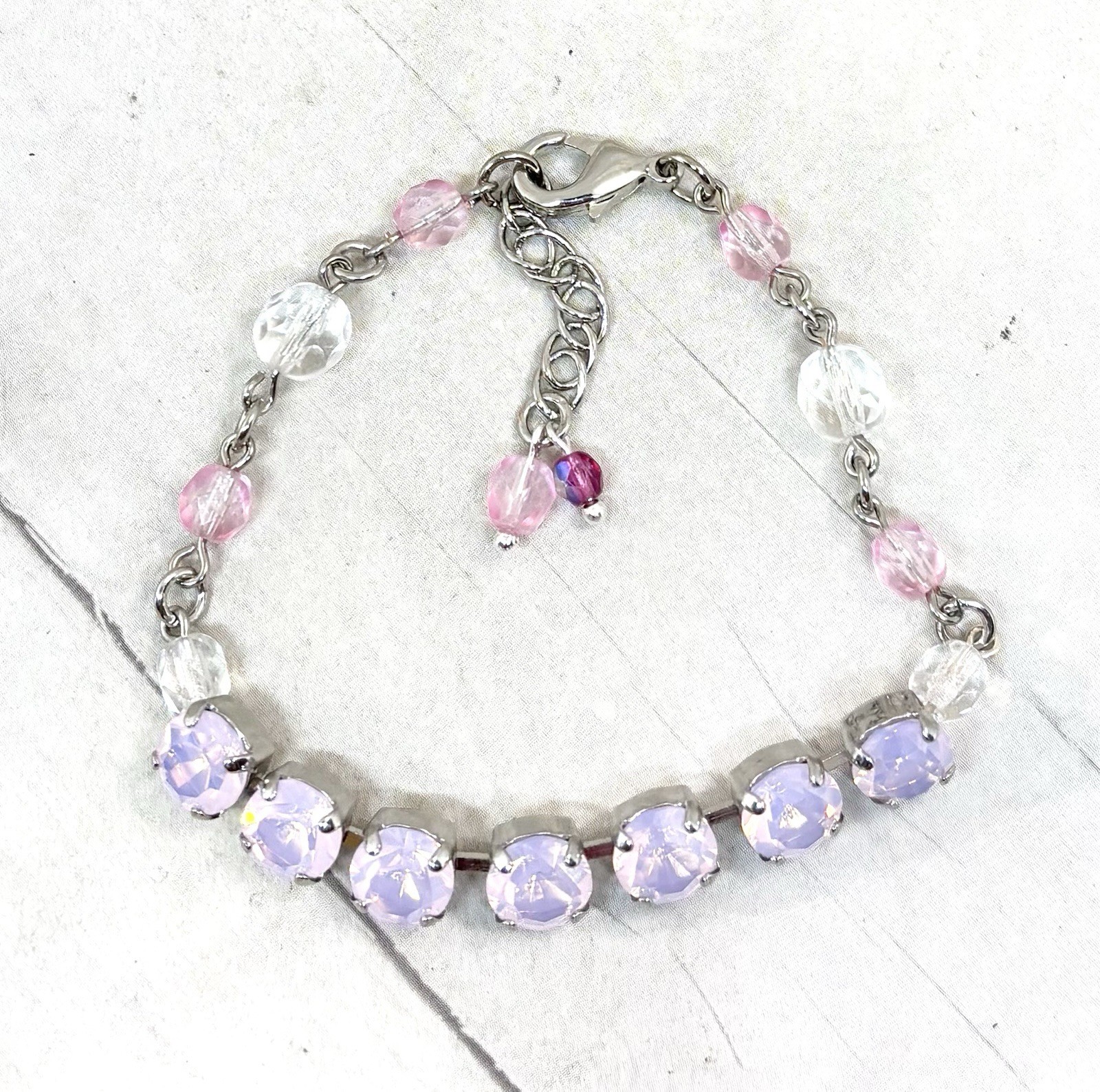 8mm Shiny Silver Plated Beaded Pink Opal Crystal Tennis Cup Chain Bracelet