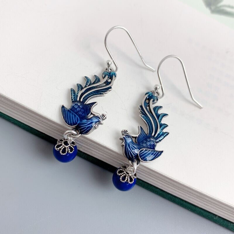 925 Silver Plated Cloisonne Phoenix Earrings Tassel Dangle Drop Vintage Gift
