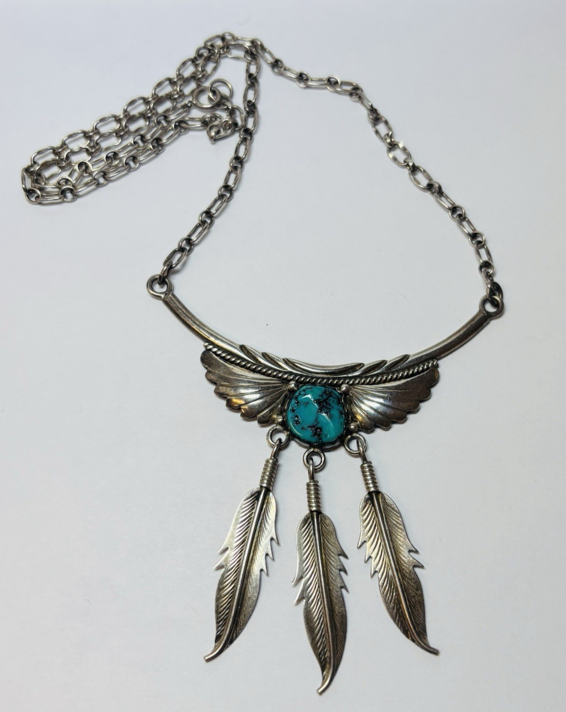 Navajo Signed Kary Begay Sterling Silver Turquoise Feather Necklace 20.5 in -.79