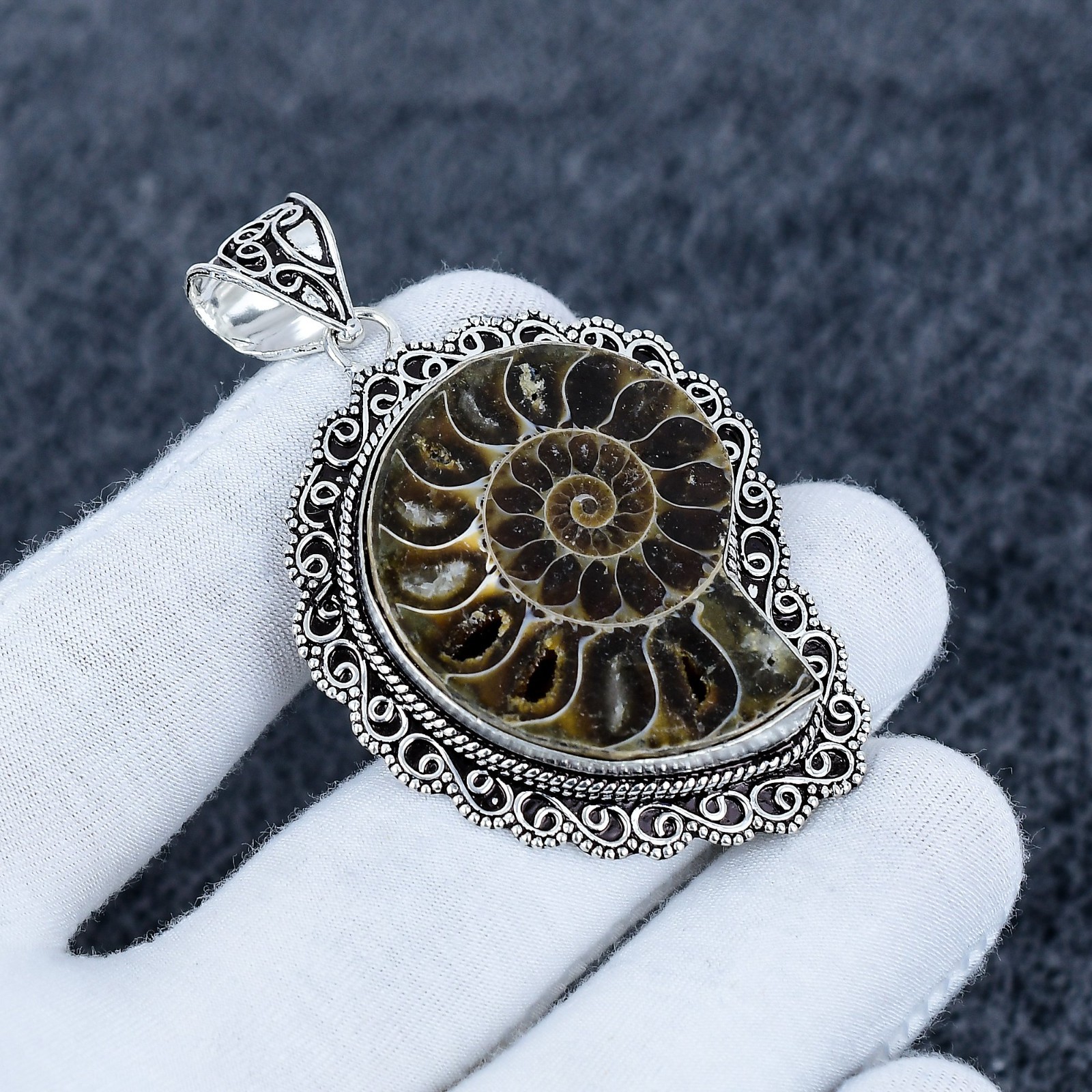 Ammonite Fossil Gemstone Pendant, 925 Sterling Silver Handmade Jewelry, Gift