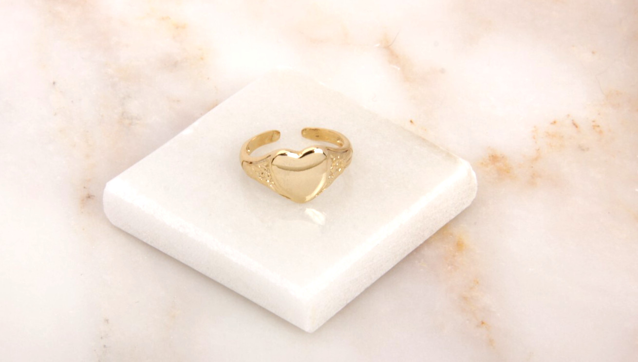 17mm 24k Shiny Gold Plated Heart Ring, Stamping Ring, Adjustable