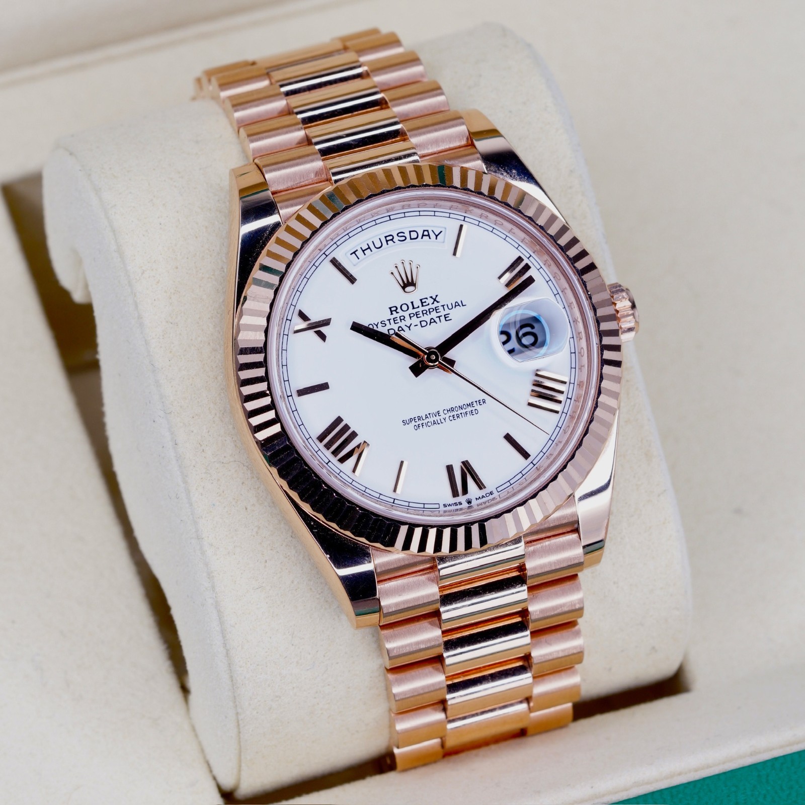 Rolex Day-Date 40 White Dial 18K Rose Gold Fluted Roman Numeral President 228235