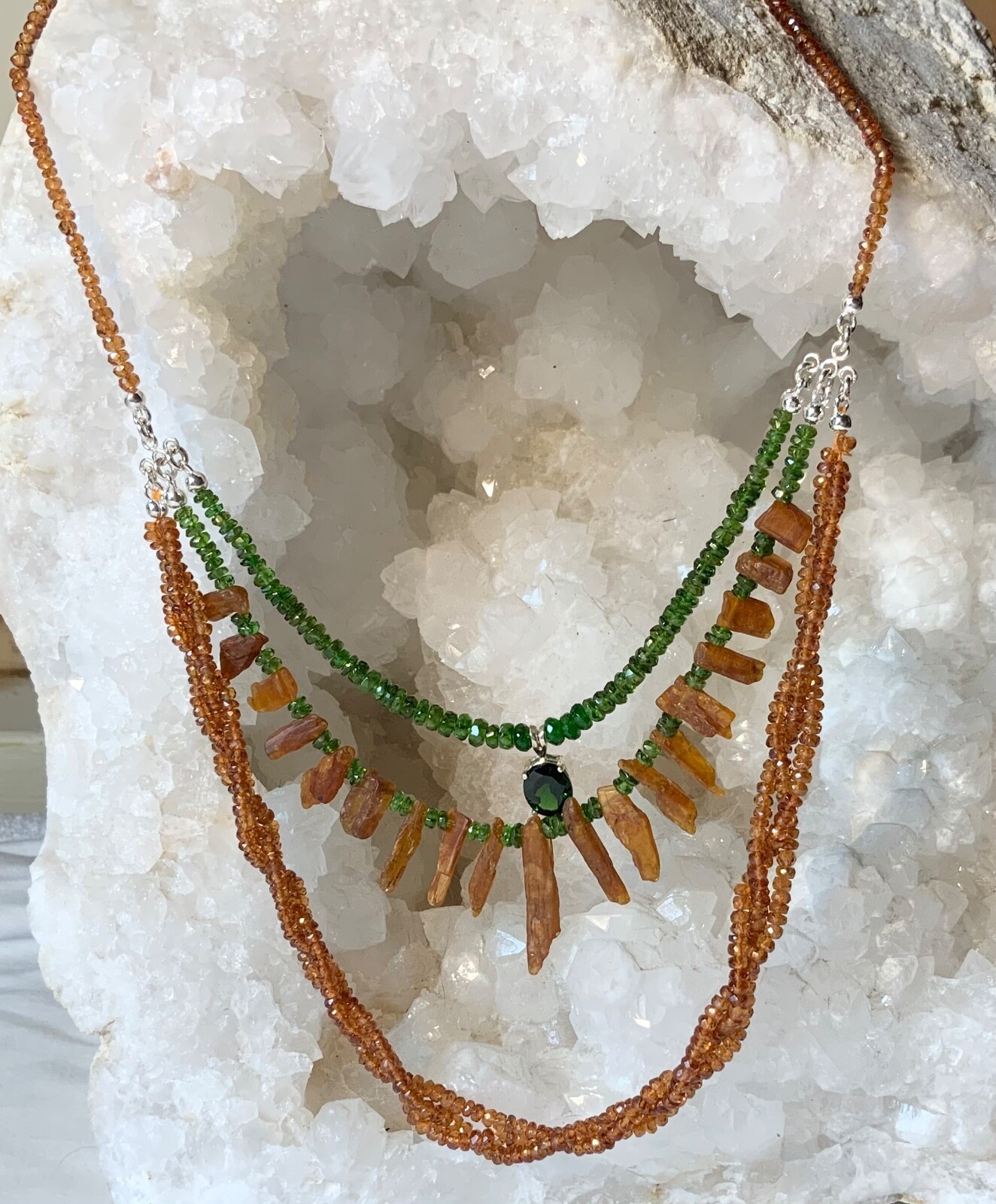 SS .925 SPESSARTINE KYANITE CHROME DIOPSIDE 3 STRAND NECKLACE EARRINGS
