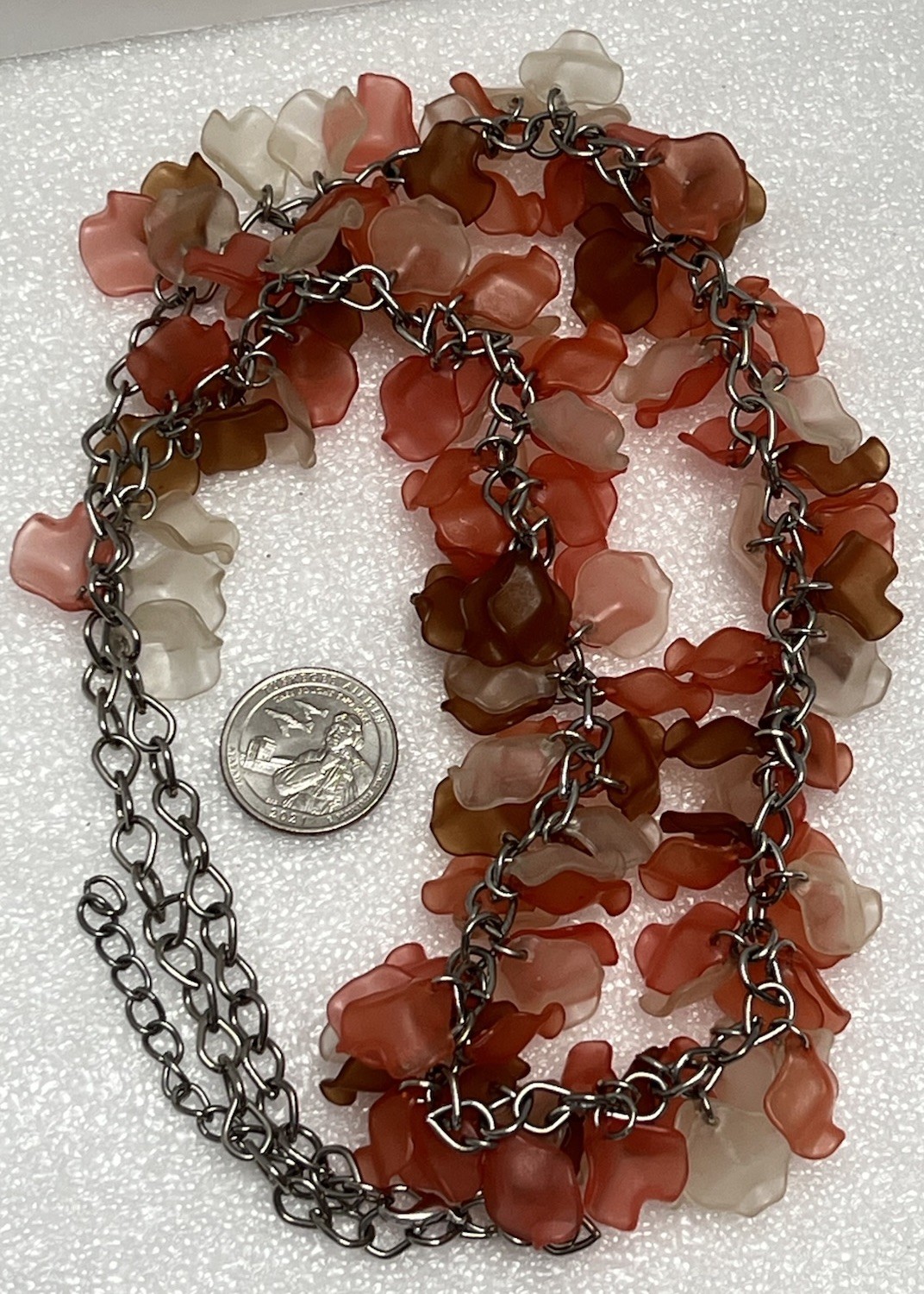 Vintage Frosted Peach Taupe Clear Acrylic Flutter Petal Dangle Necklace 30-32”