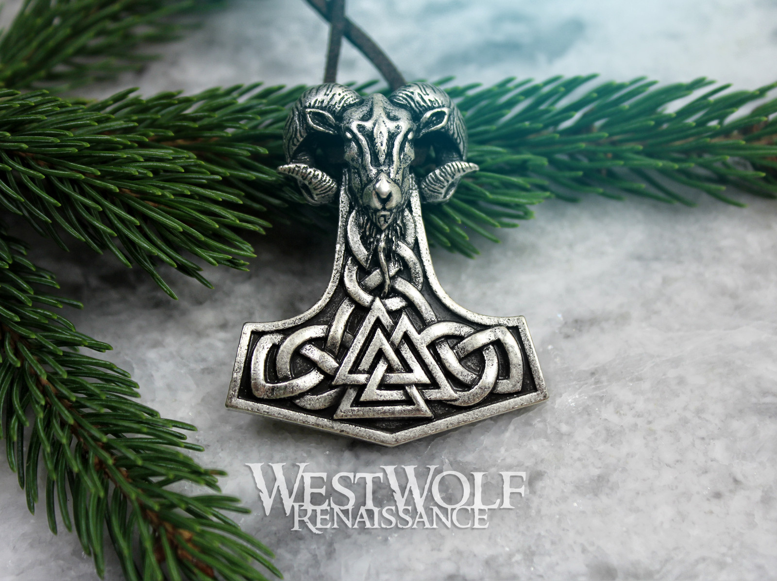 Viking “Mjolnir” Power Pendant with Valknut and Ram Head — Valhalla/Gods/Aries