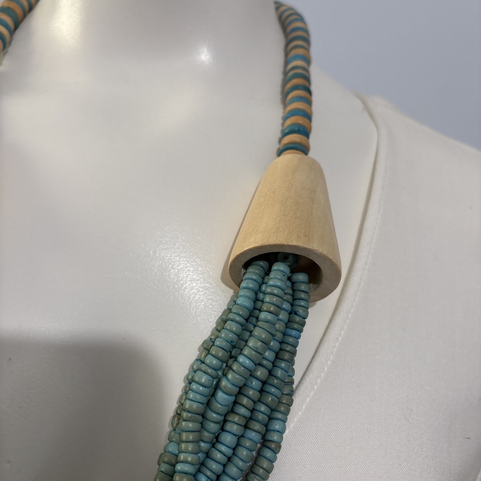 Vintage Exotic Boho Tribal Blue Beige Wood Beads Statement Necklace 26”