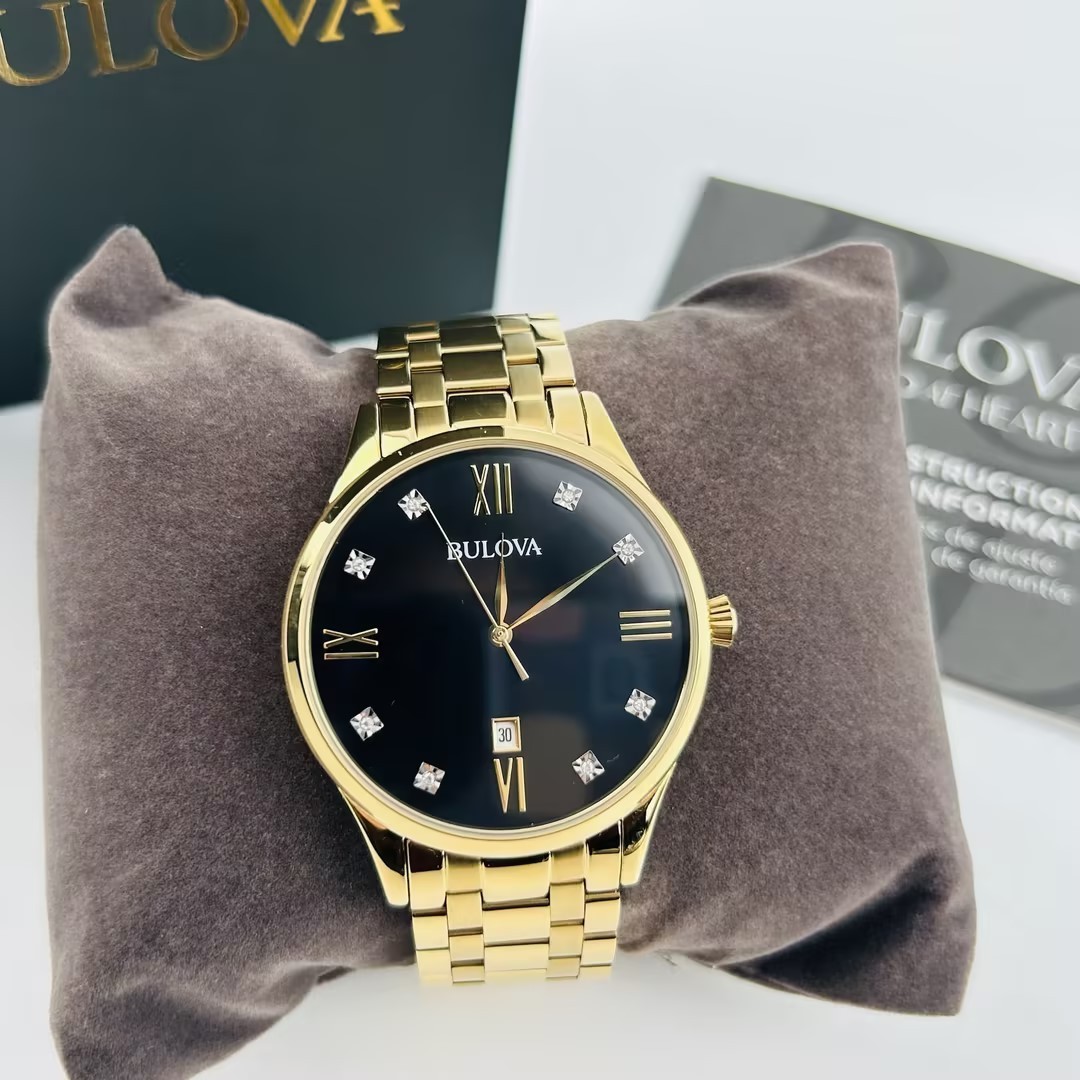 Bulova 97D108 Diamond Black Dial Gold-Tone Bracelet Men’s Quartz Watch New 40mm