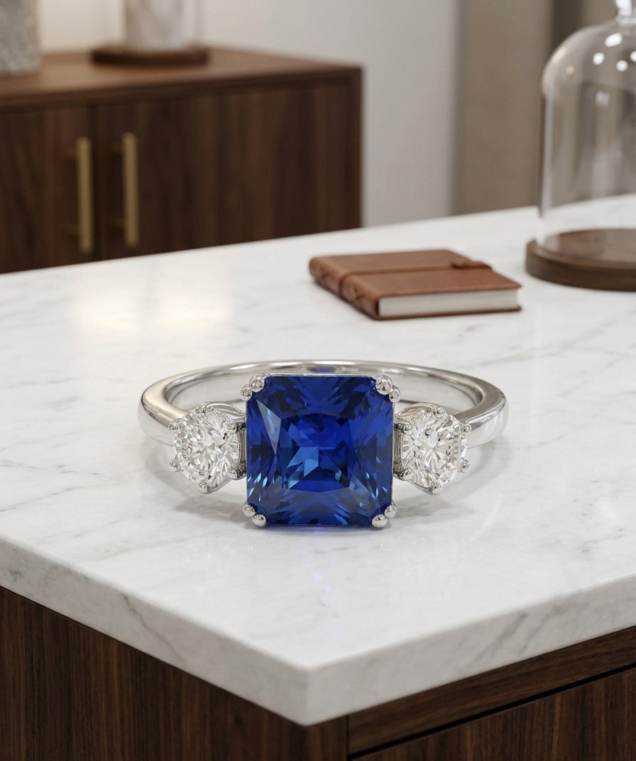 2.90 Ct Emerald Cut Natural Sapphire & Diamond Propose Ring 14K White Gold Sz 8