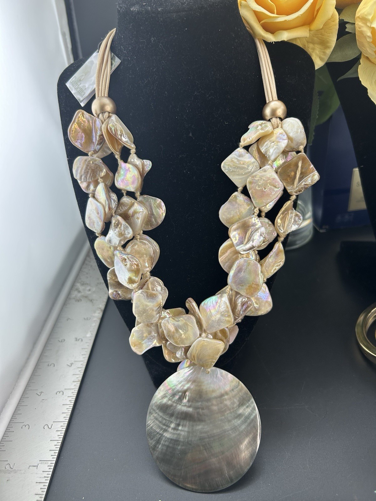 Gardenia Mother of Pearl Shell Statement Necklace Iridescent Boho Coastal Chic