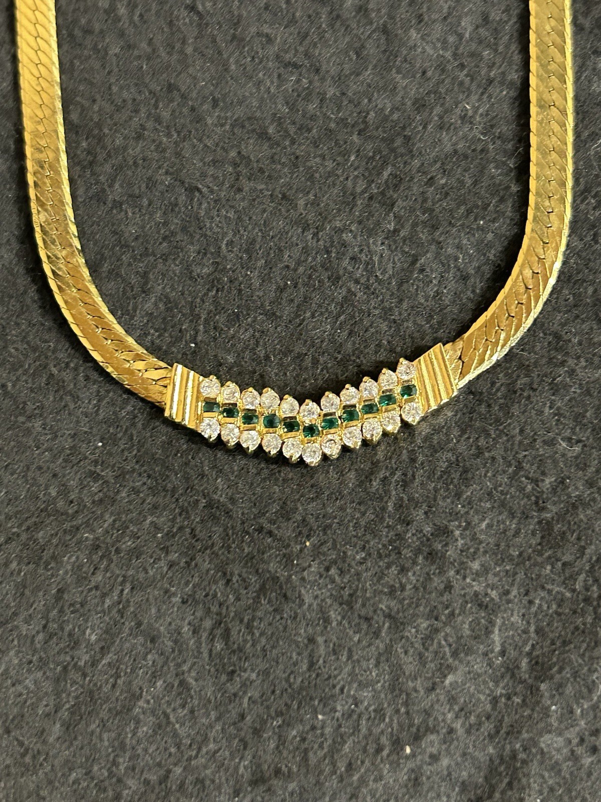 Gold Tone Herringbone 18″ Necklace With Green And White Gemstones J165