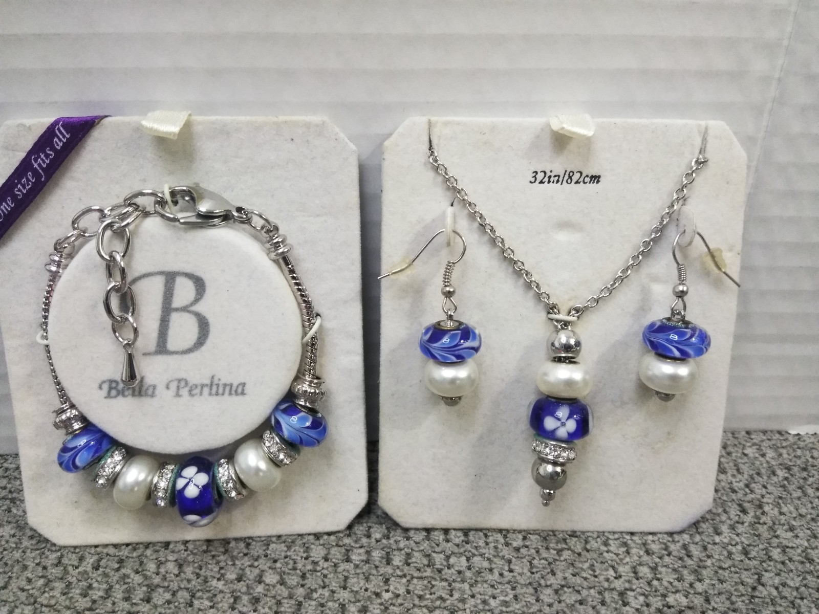Bella Perlina Charm & Crystal Bead Bracelet Earrings & Necklace Set Blue Beach