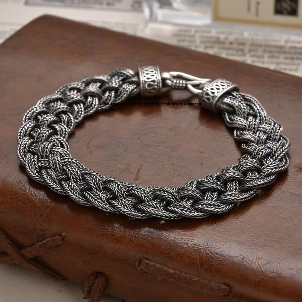 Pure S925 Sterling Silver Chain Men Women 13mm Braided Foxtial Link Bracelet