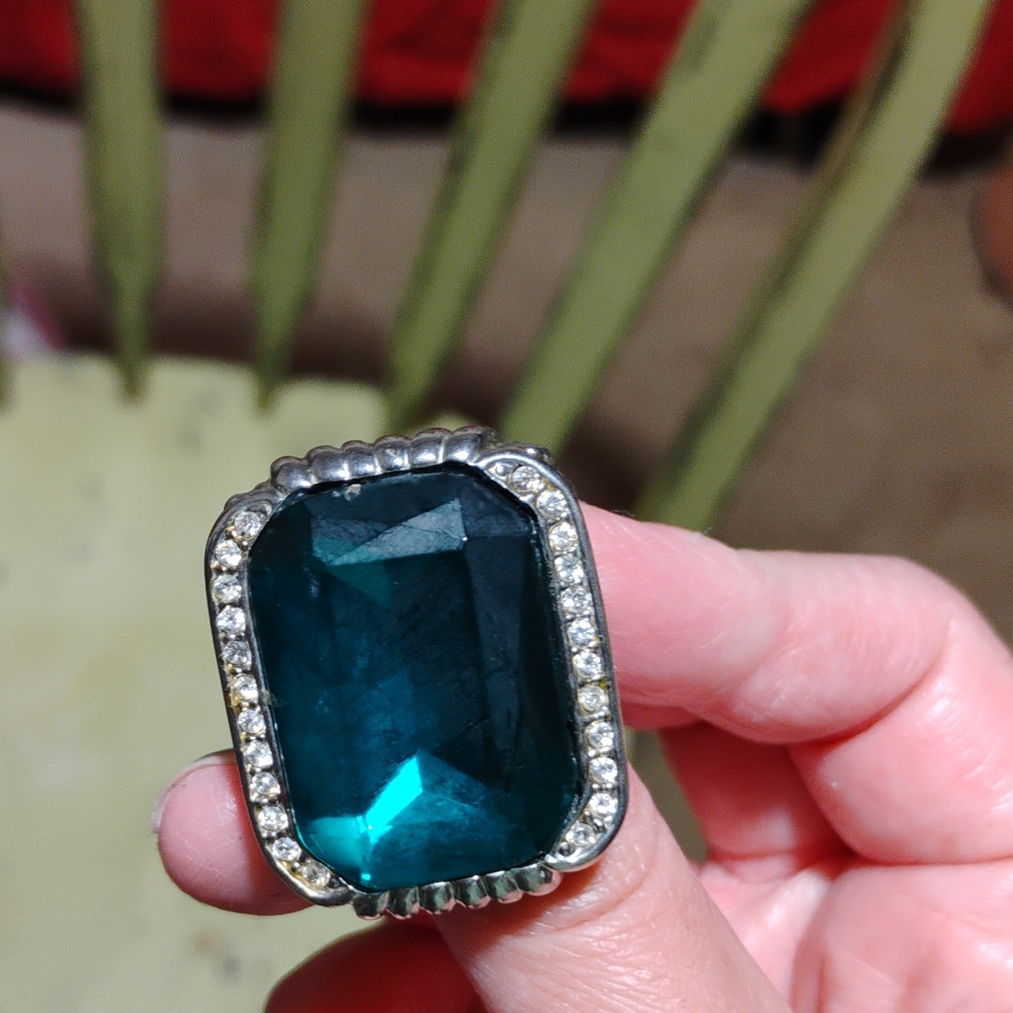 Silver Tone Cocktail Ring Size 9 Blue Rectangular Stone Rhinestone Halo