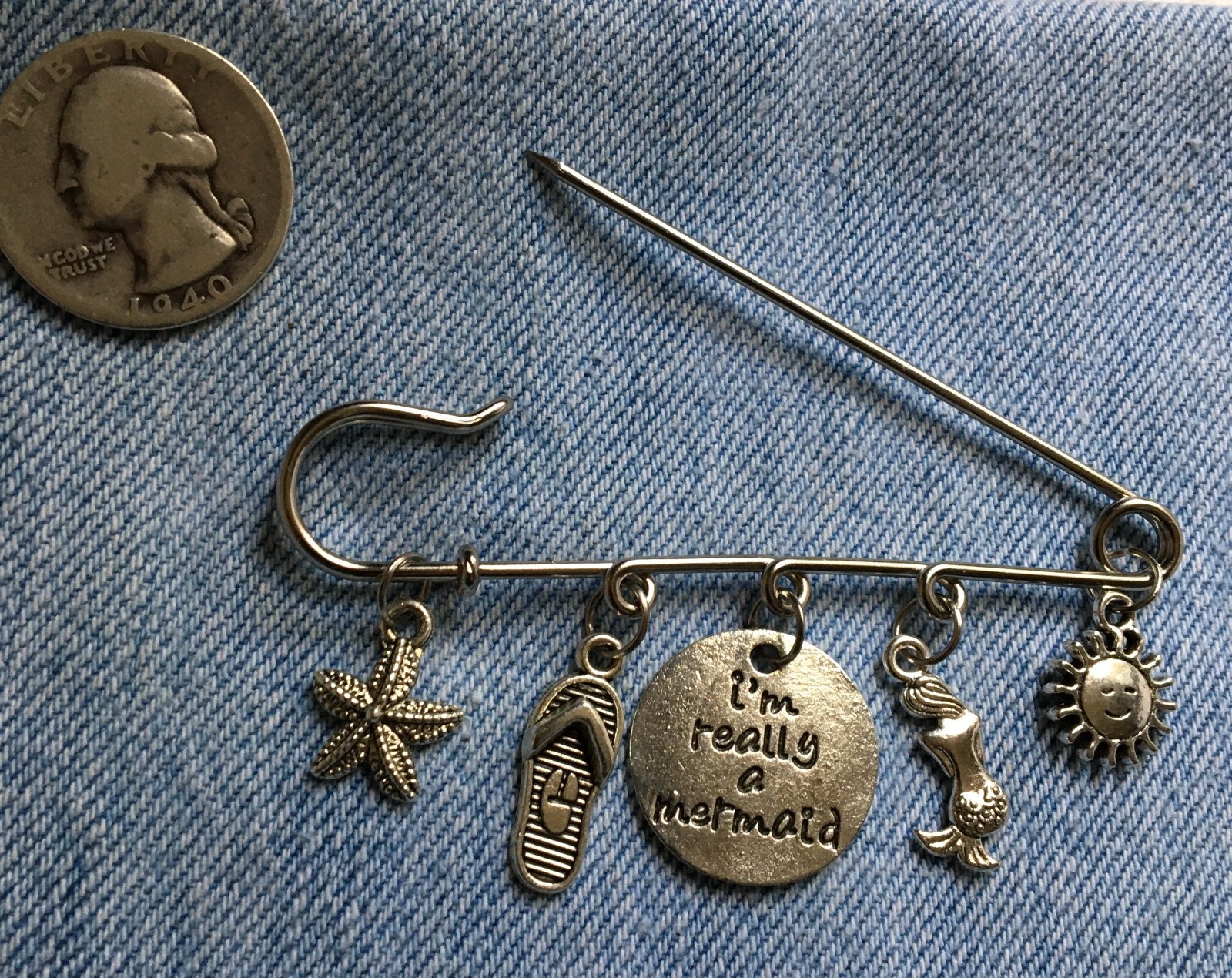 3″ BIG SAFETY PIN w/ BEACH THEME CHARMS – Hanging Flip-Flop Mermaid Starfish +