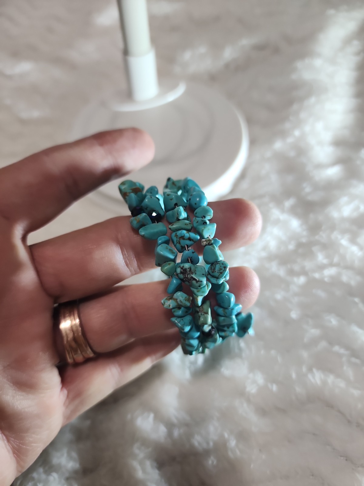 Handmade Boho Turquoise-Style Chip Memory Wire Wrap Bracelet – Multi-Row Stack