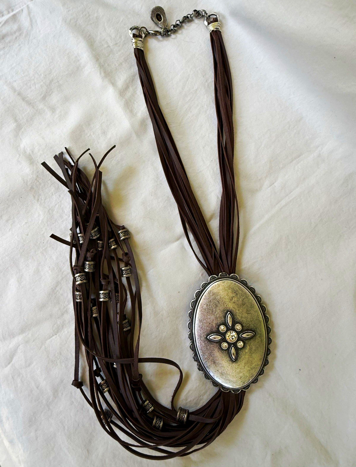 Brown Leather Fringe statement Concho Necklace Silver tone Adj 24”