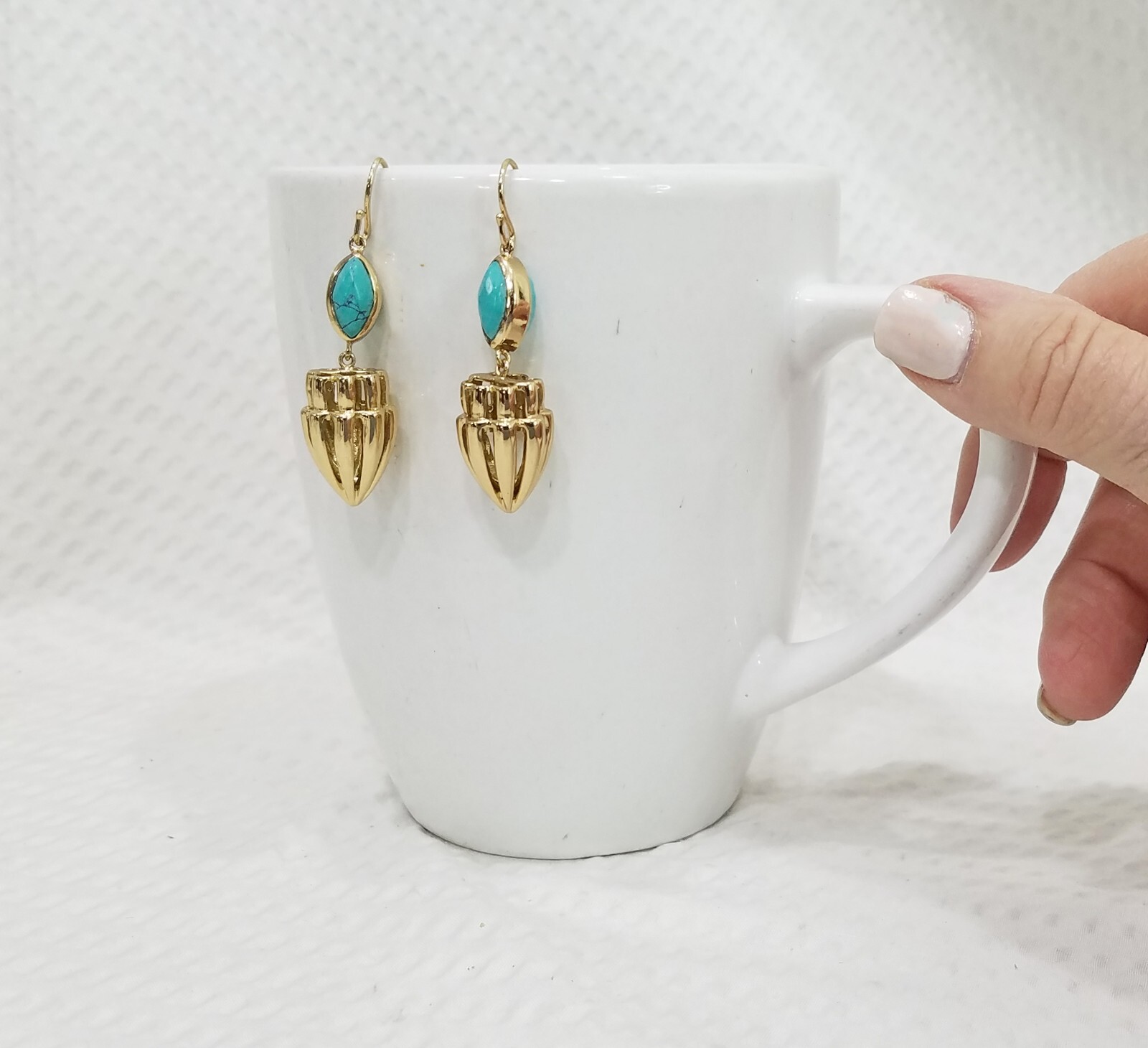Double Sided Faux Turquoise Cabochon and Gold Tone Openwork Dangle Earrings