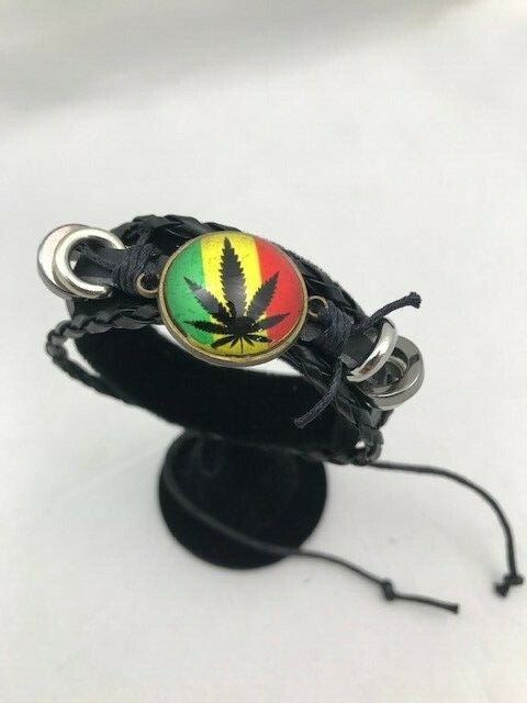 Slick style Unisex Black leather colorful pot plant adjustable bracelet