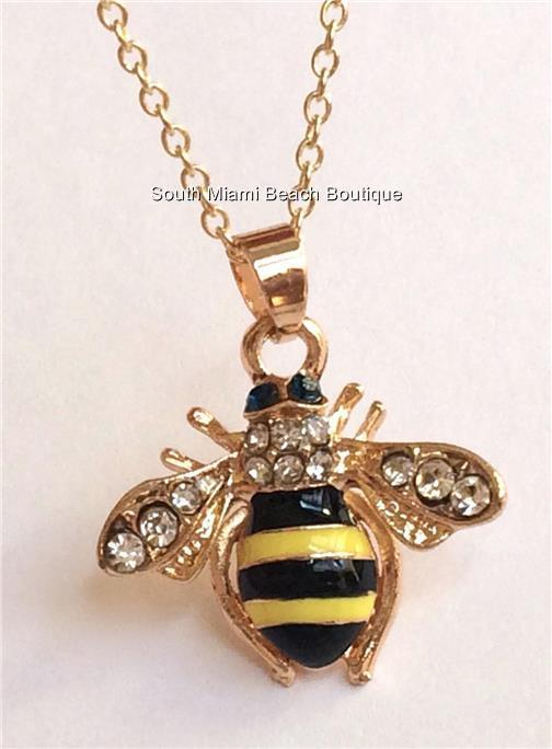Gold Bumble Bee Necklace 18″ Crystal Insect Queen Bea Plated USA Seller
