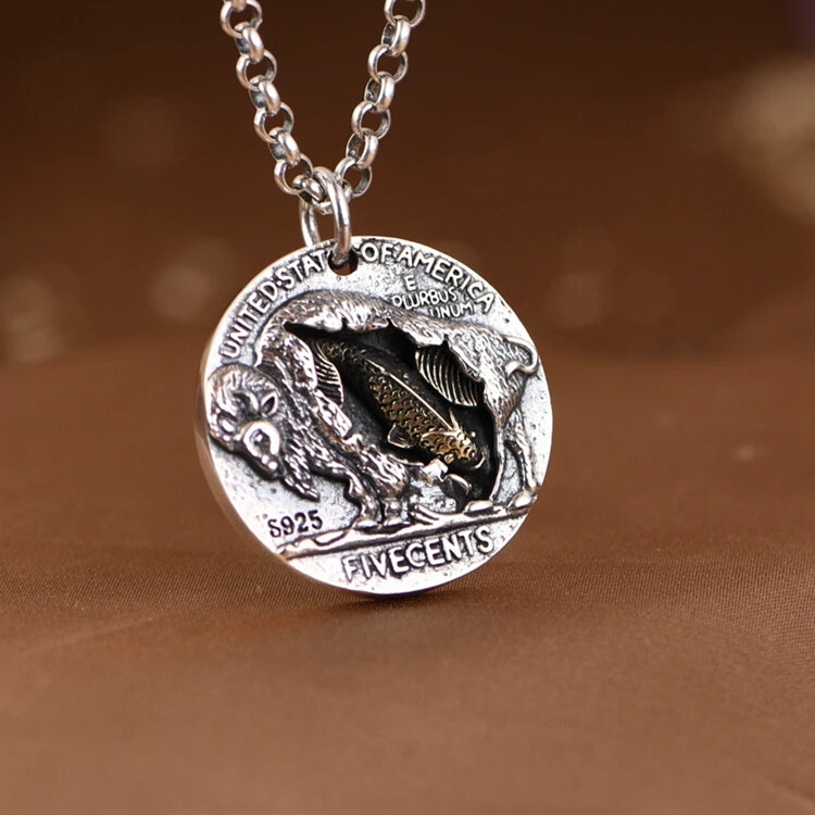 S925 Sterling Silver Indian Skull Headdress with Gold Fish Ball Charm Pendant