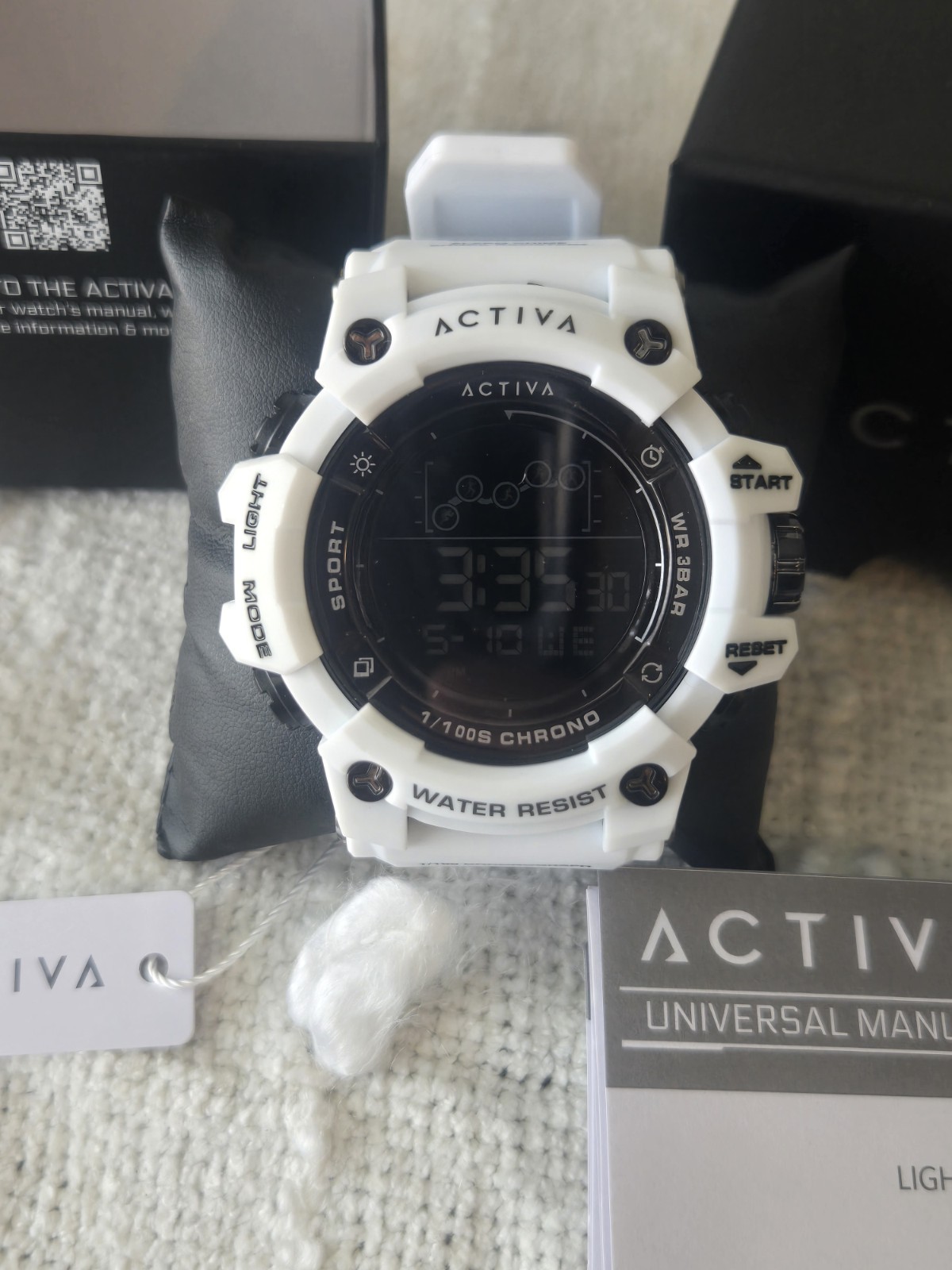 Activa Digital Quartz Sport Watch Chronograph Backlight 50mm White Resin Box