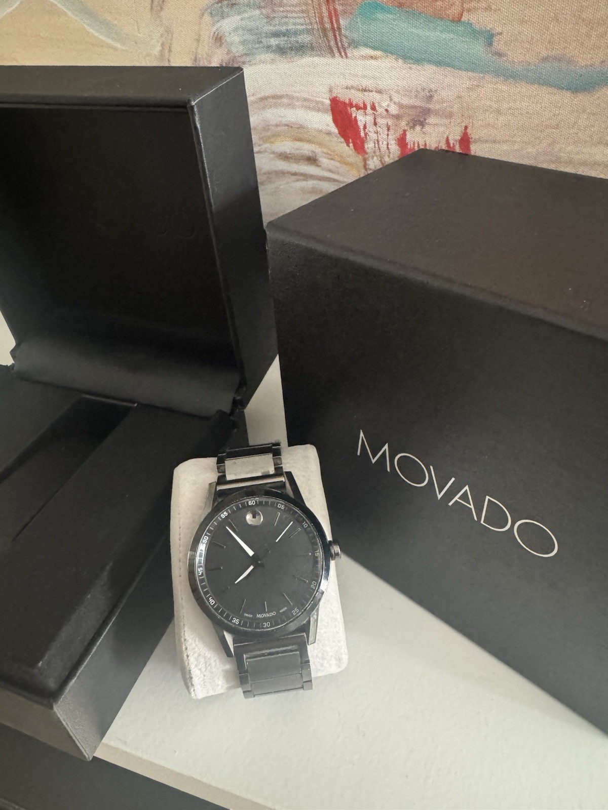 Movado Museum Quartz Black Dial Black Stainless Steel Bracelet Watch w/ Box