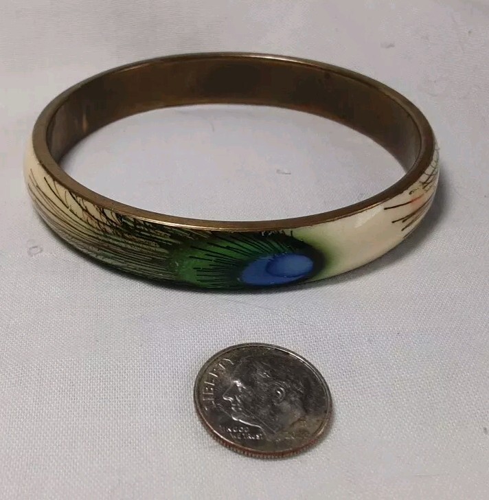 Bracelet Brass Hand Painted Enamel Peacock Feather Blue Green Bangle 3/8″ Wide