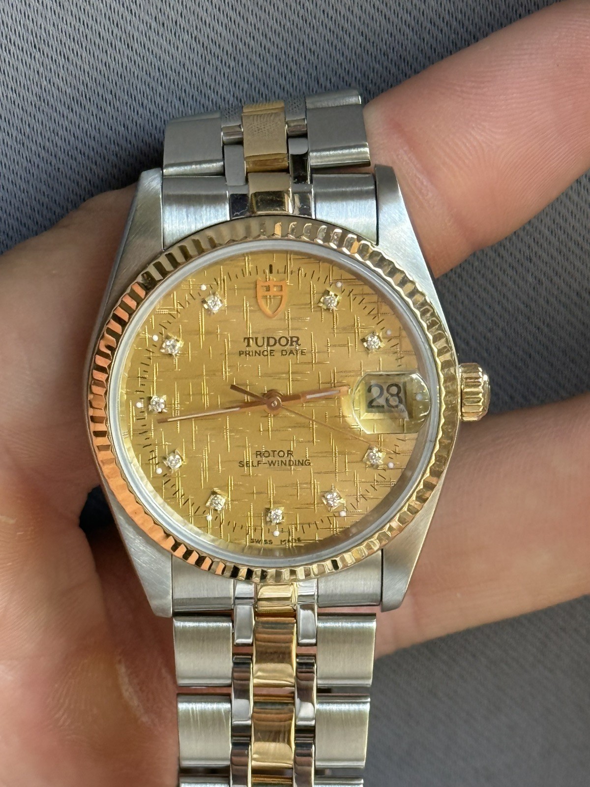 Tudor Prince Date 18K Gold & SS Gold Linen Diamond Dial Auto Watch 74033 w/ B&P