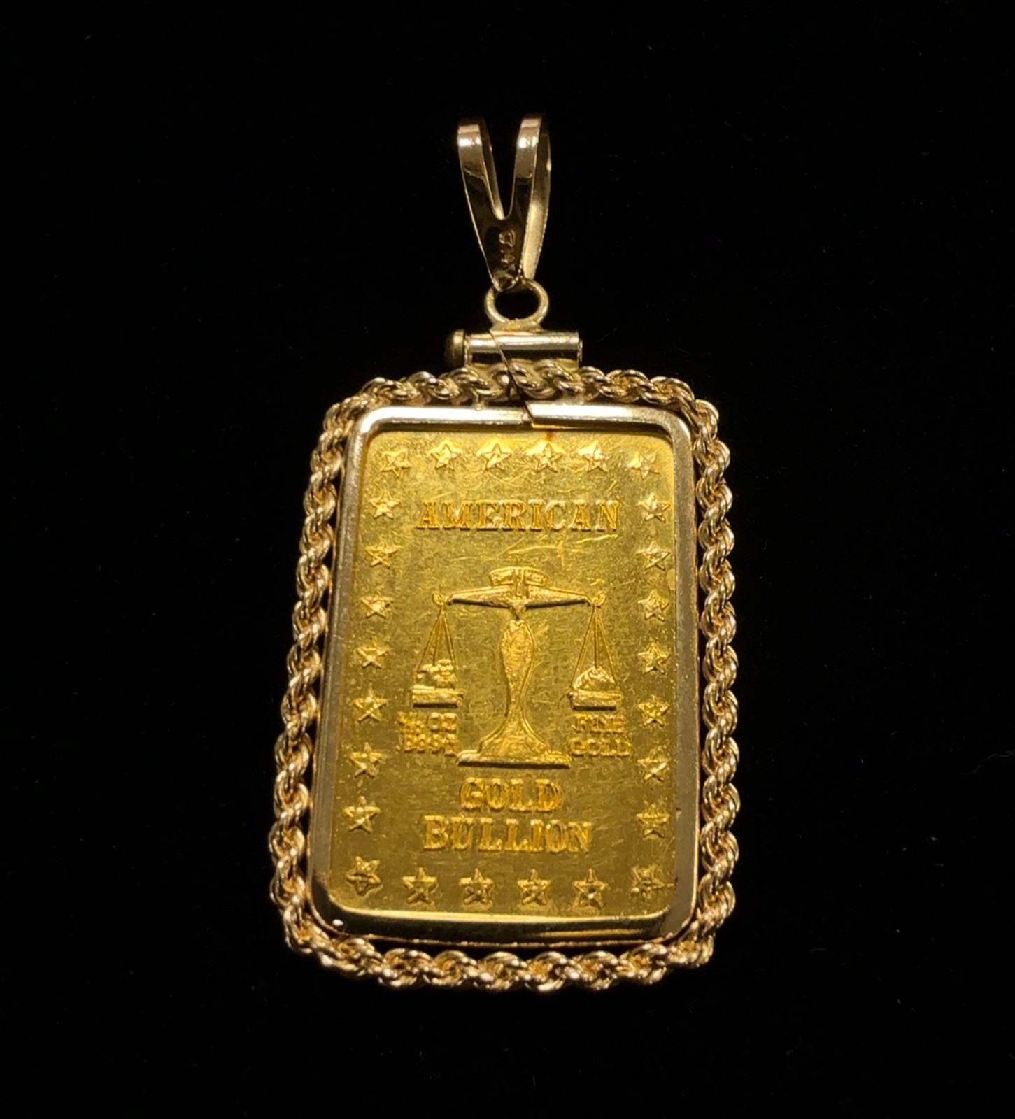 Vintage American Gold Bullion 1/10oz .999 Fine Gold Bar in 14k Rope Bezel 4.95g
