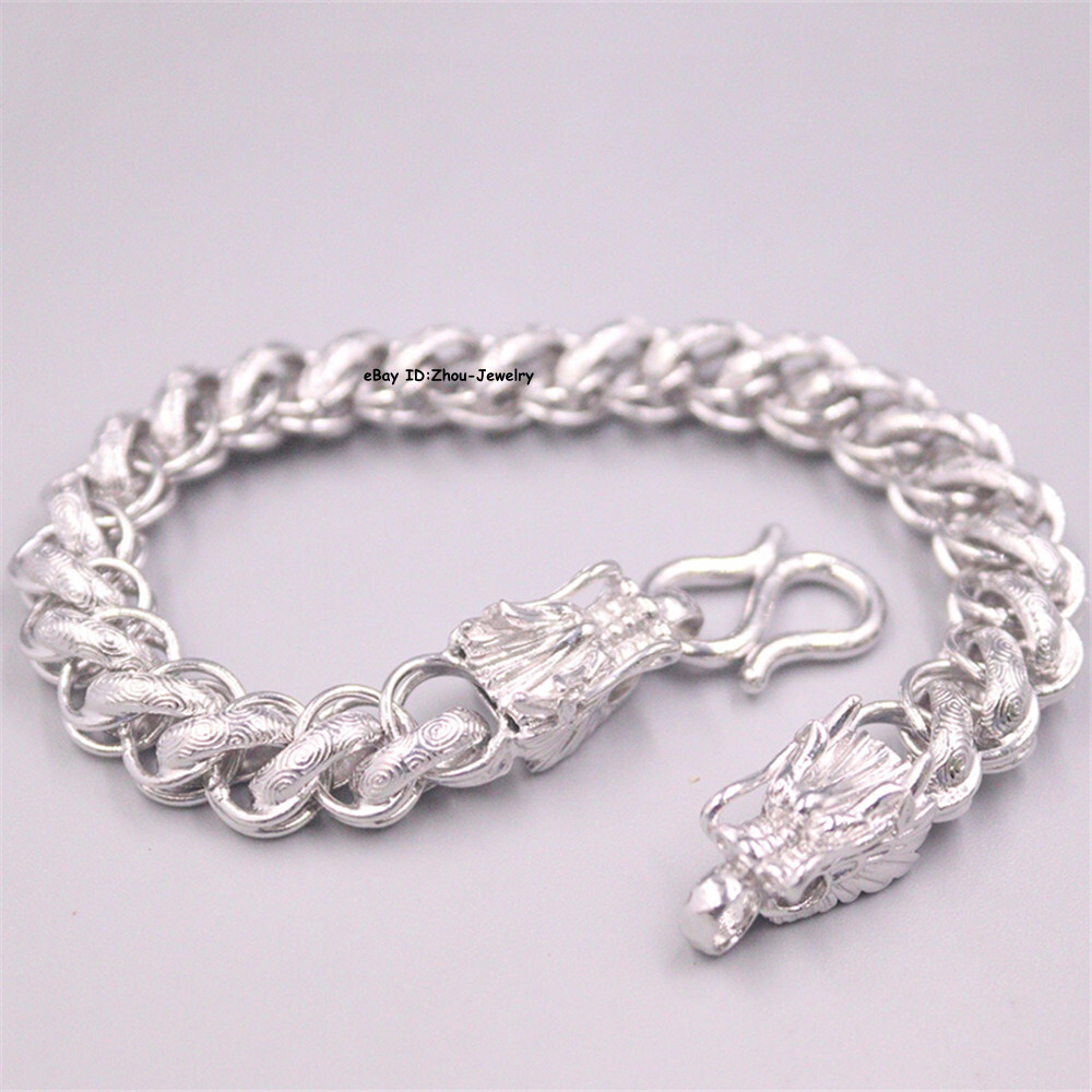 Pure S999 Fine Silver 999 Chain Curb Link Dragon Head Bracelet 34-35g 8.26inch