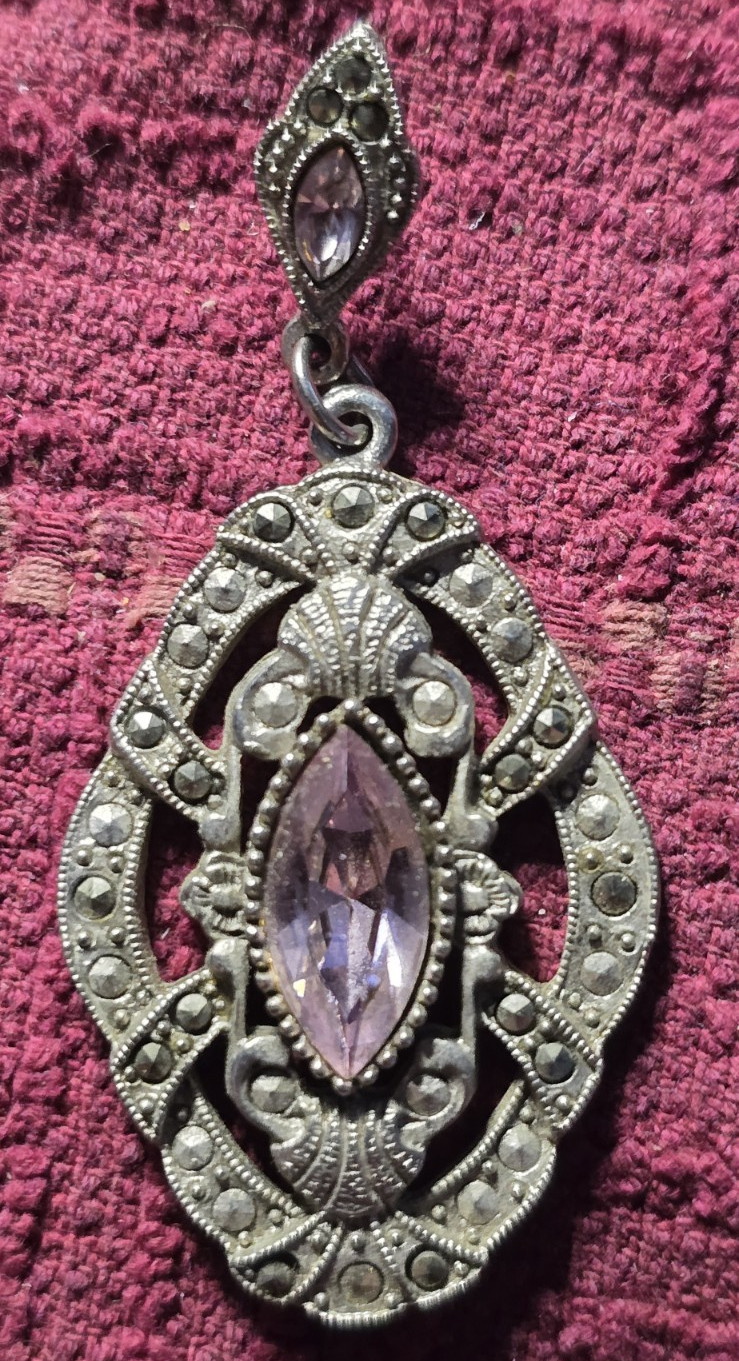 Vtg Art Deco Marcasite & Amethyst Tone Gorgeous Pierced Dangle 2.25″ Earrings