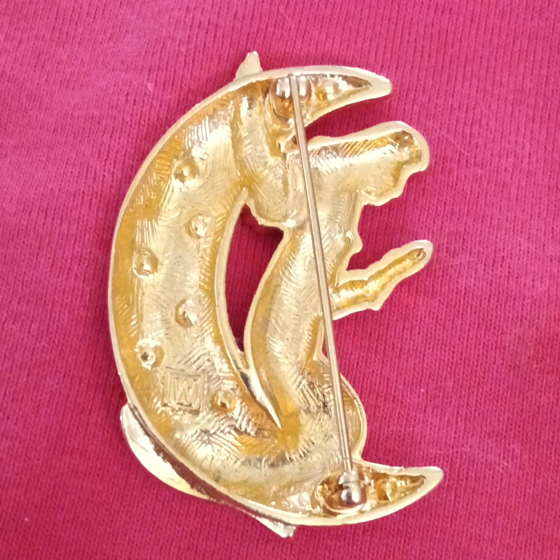 Gold Tone Angel on Crescent Moon Brooch Pin, White Crystal Rhinestones