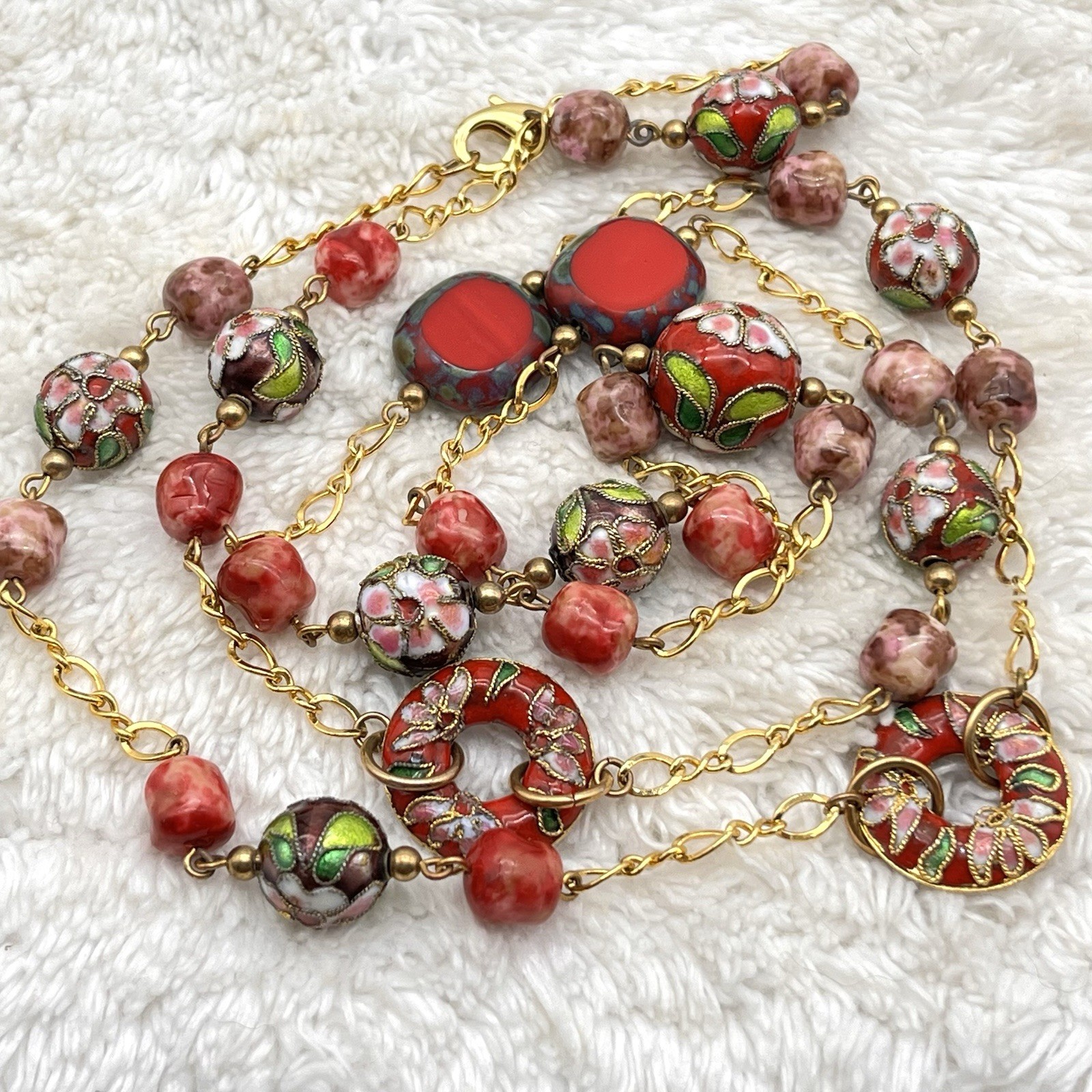 Cloisonne Necklace Red Beads Gold Tone Floral Flower 32″