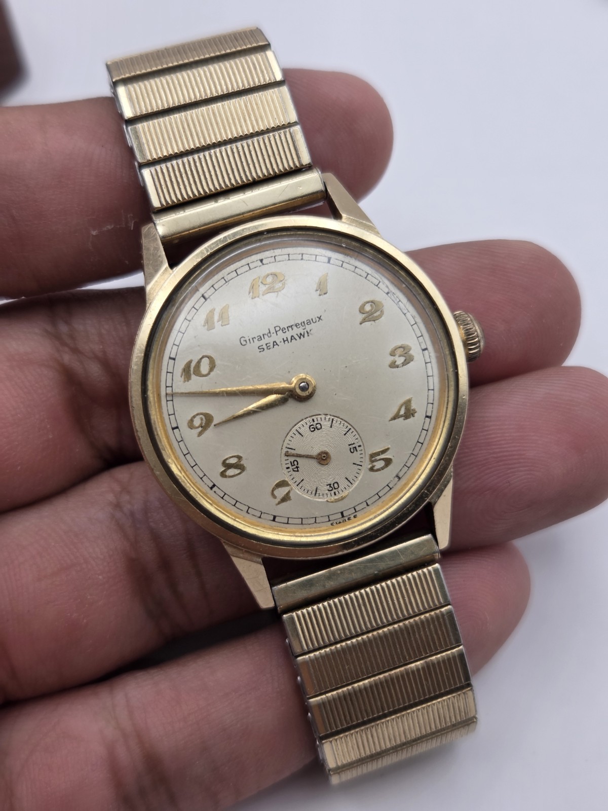 Vintage Girard Perregaux Sea Hawk Mechanical Watch 14k Gold Case/Steel Back 30mm