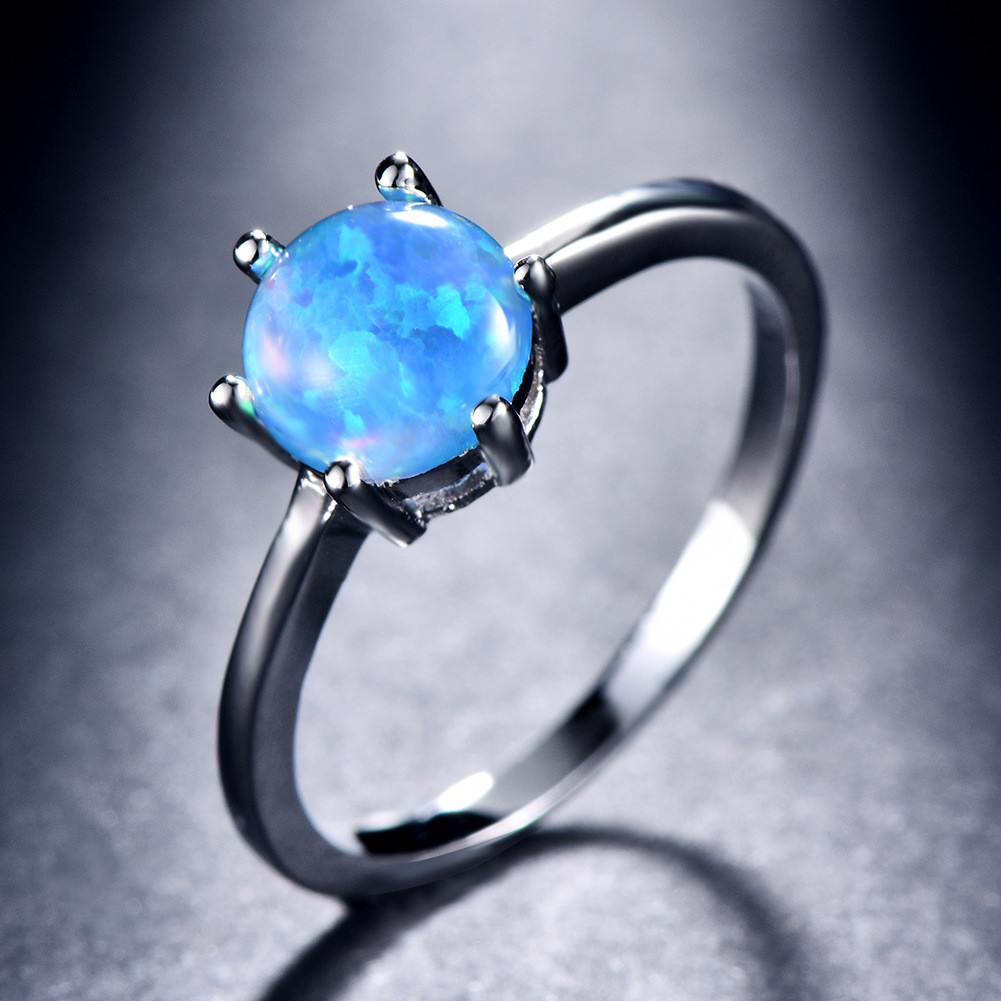 Simple Round Design 6MM Rainbow Blue Fire Opal Silver Woman Ring US Size 6-10