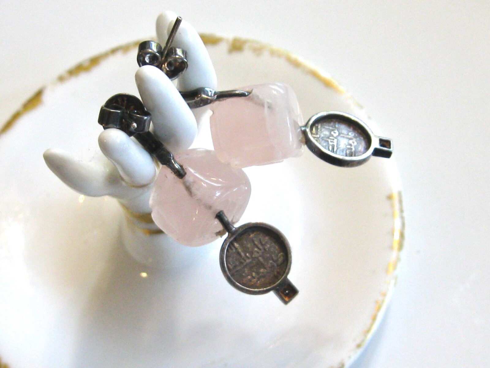 HANDMADE POST EARRINGS FLORAL CARVED ROSE QUARTZ COINS DIAMONDS MYSTERY NUMBER