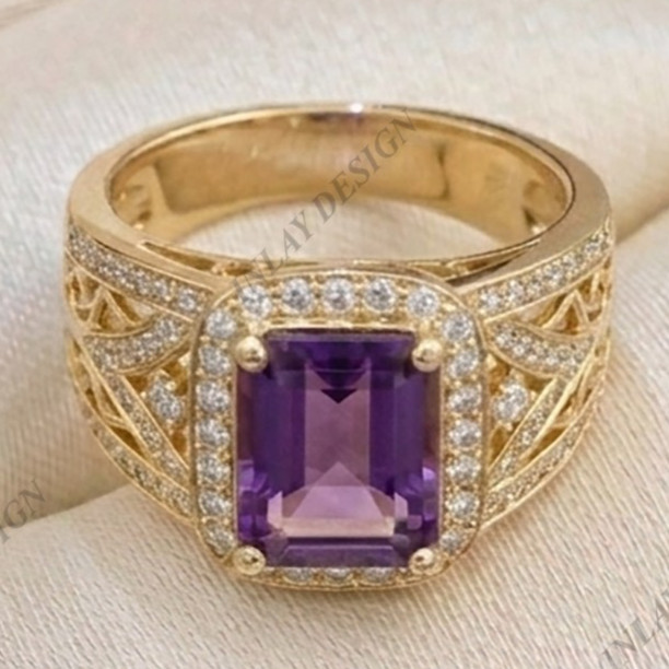 Men’s 925 Silver Signet Ring Purple Natural Amethyst Emerald Cut Shape Gemstone