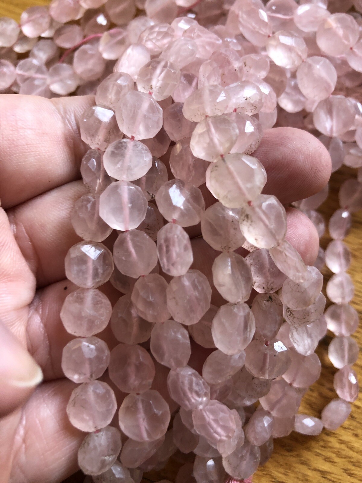 Old Stock 14 In Strand Natural Rose Quartz Gemstone Faceted Coin Pink Beads 8mm