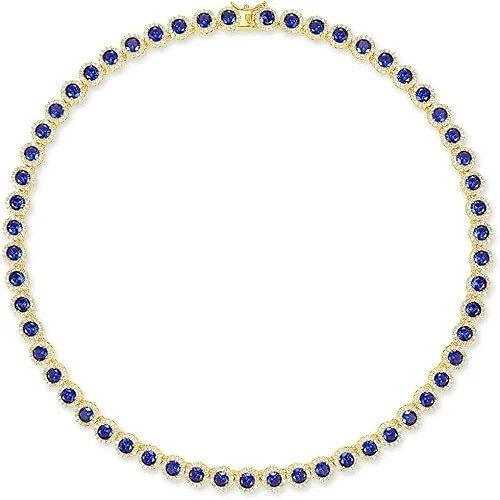 24Ct Round Cut Lab Created Blue Sapphire Tennis Necklace 14K Yellow Gold Plated