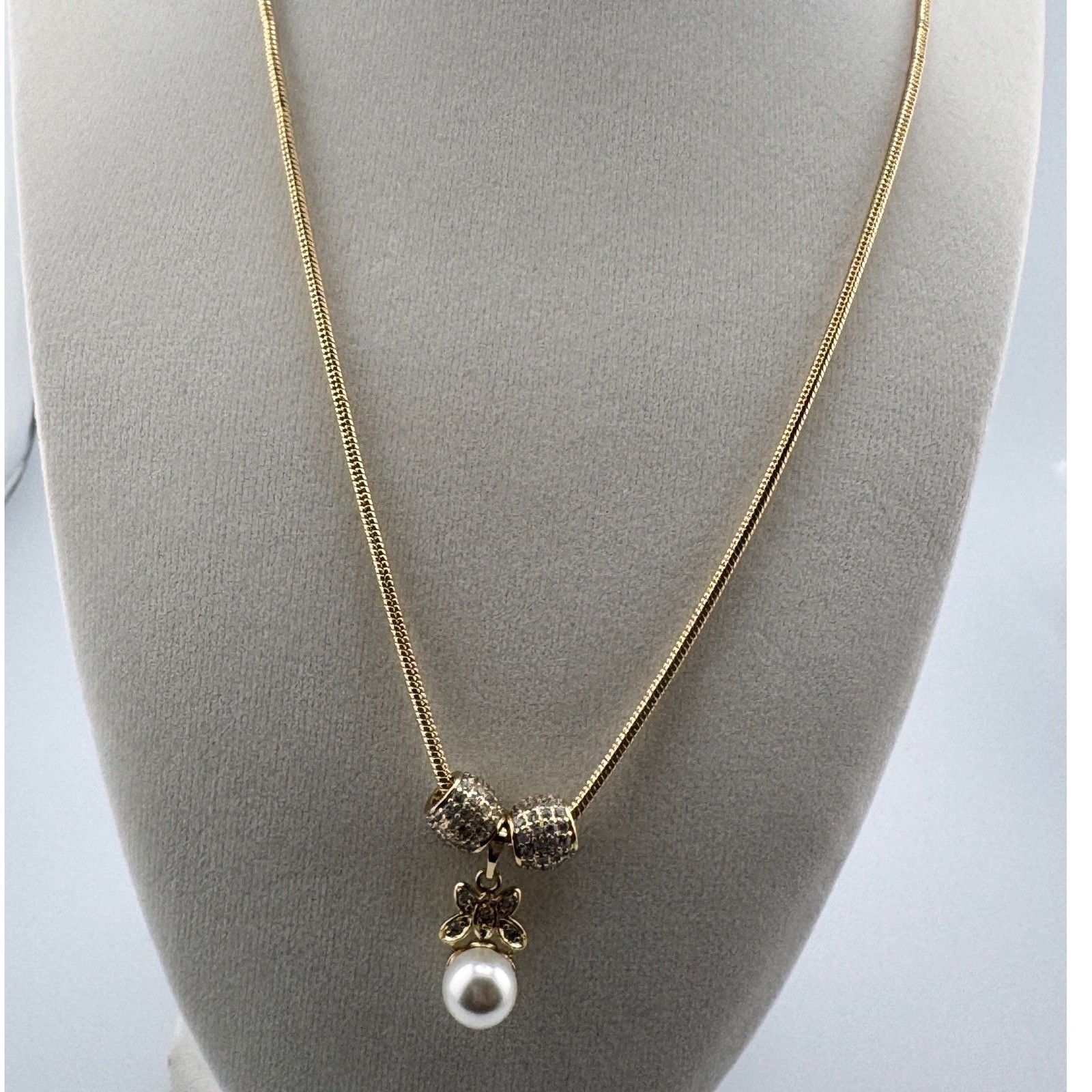 14k Gold Plated Snake Chain Necklace with Pearl and Pave Bead Pendant