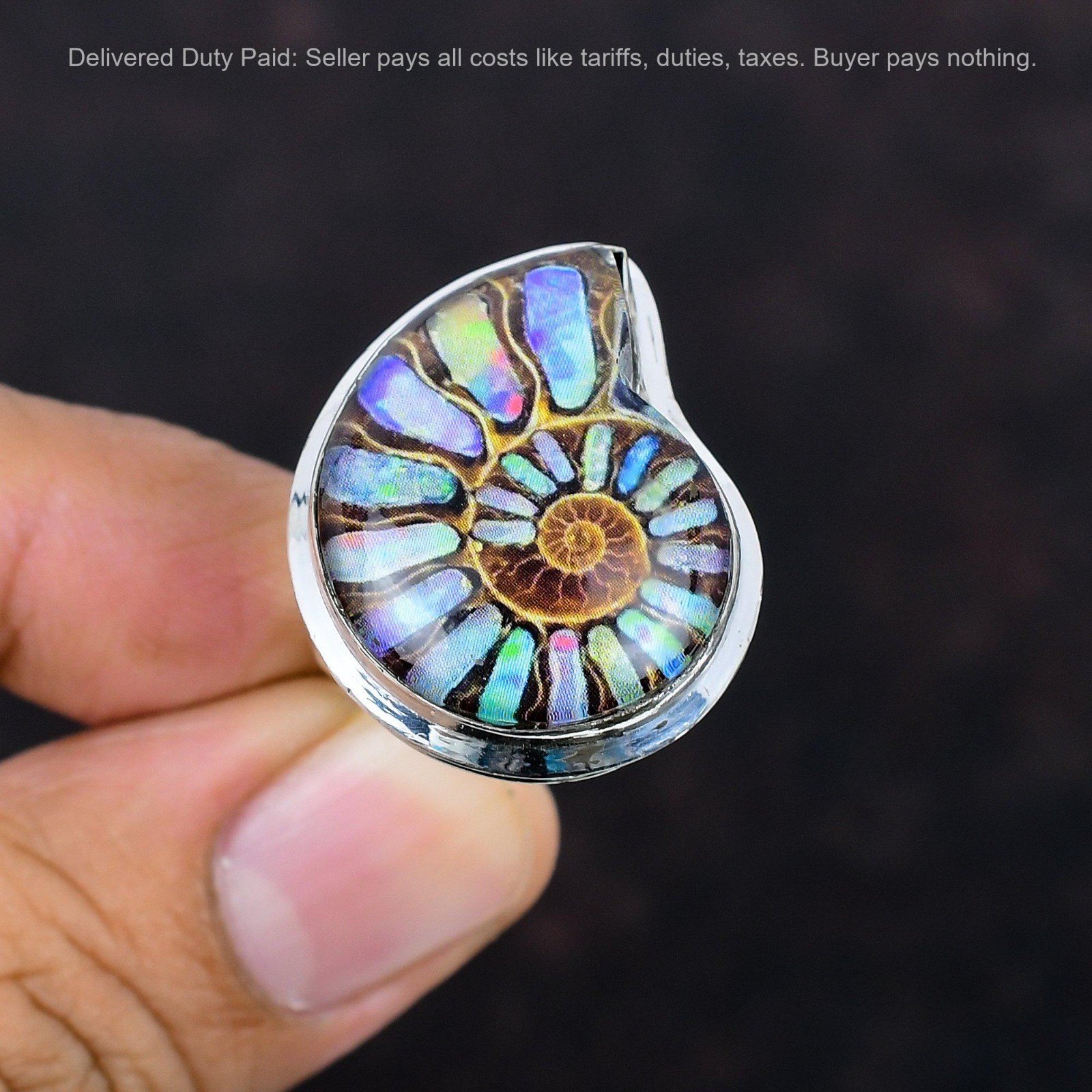925 Sterling Silver Natural Ammonite Doublet Opal Bezel Statement Ring Jewelry