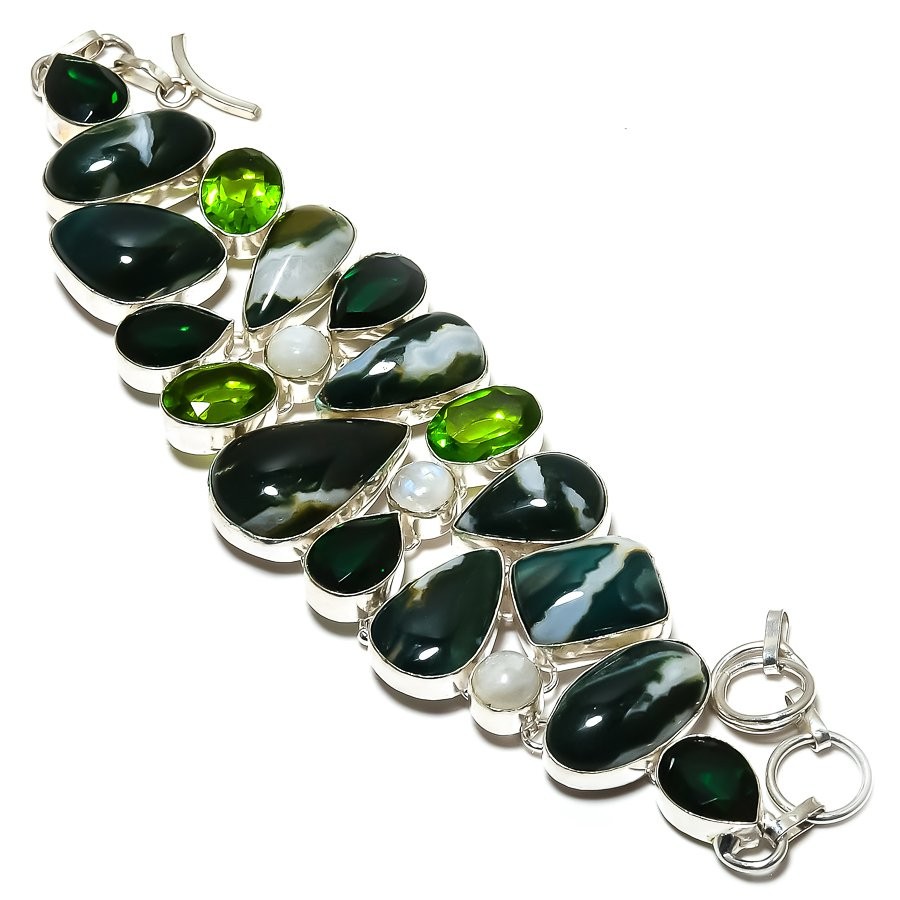 Natural Tree Agate & Peridot 925 Silver Bracelet v769